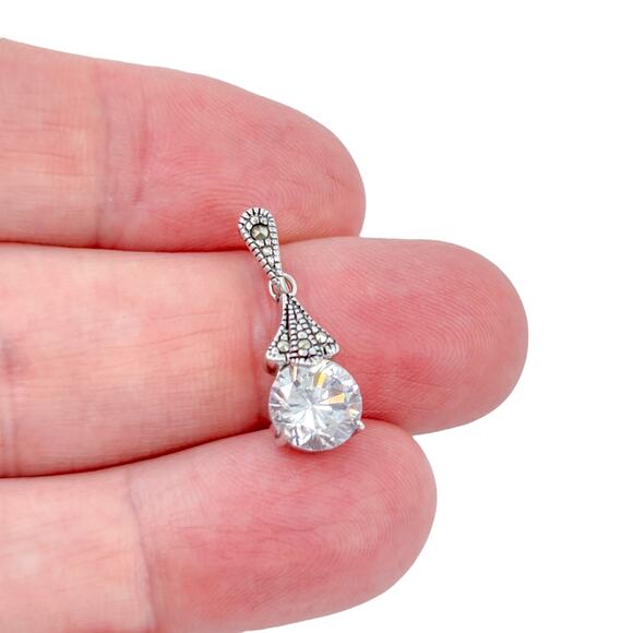 Art Deco Style Sterling Silver Pendant | Marcasite Cubic Zirconia 925 Design - Picture 1 of 6
